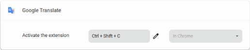 Снимок экрана, показывающий, как расширение Google Translate получает новую горячую клавишу.