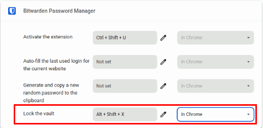 Снимок экрана, на котором выделена привязка клавиш расширения с незатененным раскрывающимся списком «В Chrome».