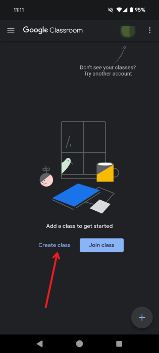 Нажатие кнопки «Создать класс» в приложении Google Classroom на Android.