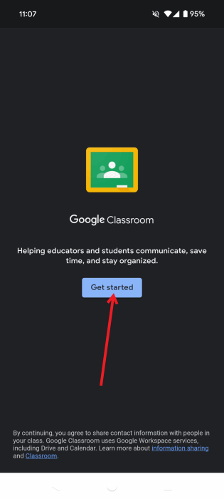 Нажатие кнопки «Начать» в приложении Google Classroom для Android.