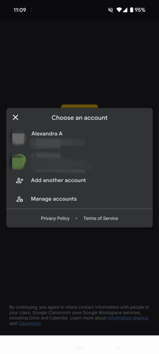 Выбор учетной записи Google в приложении Google Classroom на Android.