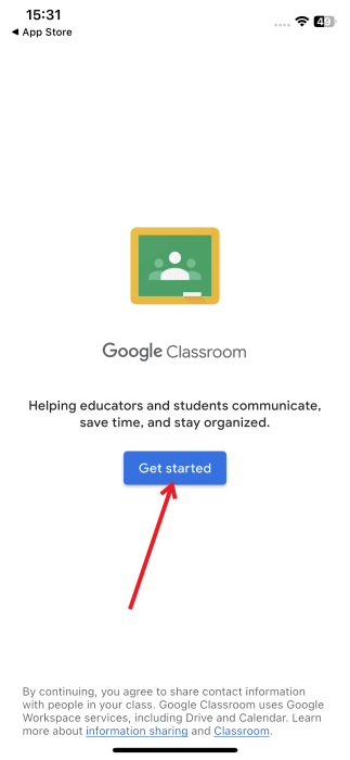 Нажатие кнопки «Начать» в приложении Google Classroom на iPhone.