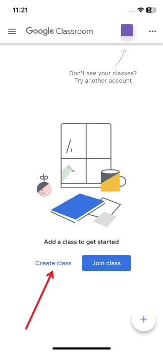 Нажатие кнопки «Создать класс» в Google Classroom на iPhone.