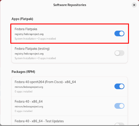 Снимок экрана, показывающий тумблер репозитория Fedora Flatpaks в Fedora 40.