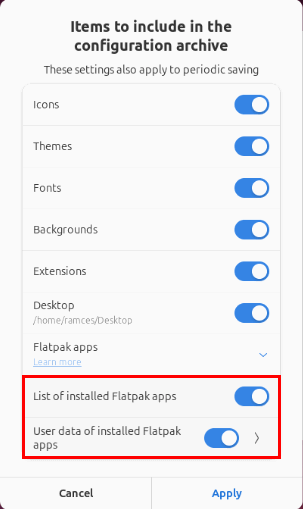 Снимок экрана, показывающий дополнительные параметры SaveDesktop для резервного копирования приложений и конфигурации Flatpak.