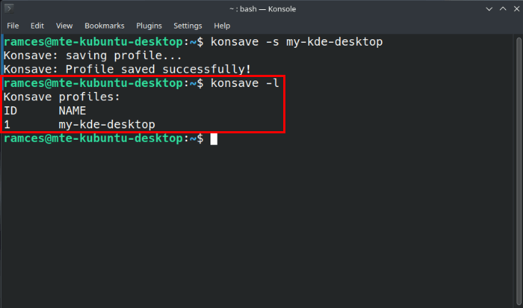Терминал, показывающий только что созданную резервную копию рабочего стола KDE, который отображается в Konsave.