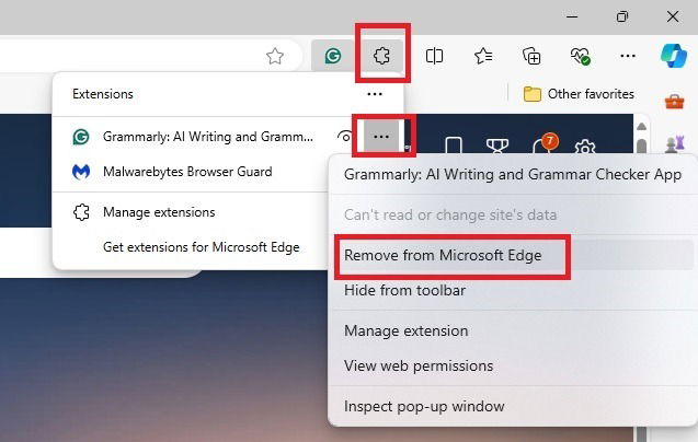 Удаление расширений Chrome в Microsoft Edge.