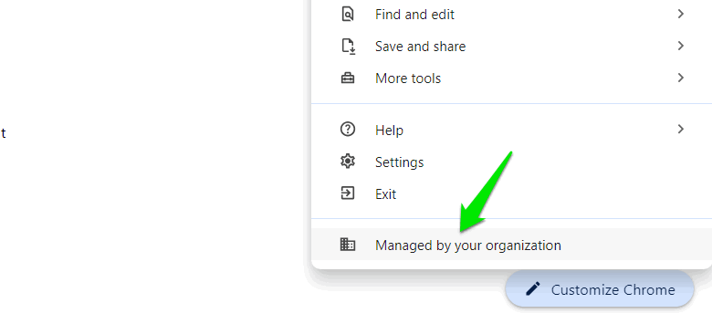 В меню Chrome отображается пункт «Управление вашей организацией».