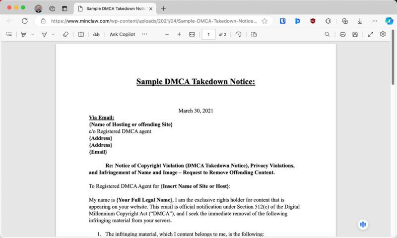 Образец уведомления об удалении DmCA