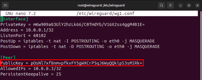 Терминал, выделяющий открытый ключ второго клиента внутри файла конфигурации сервера wg1.