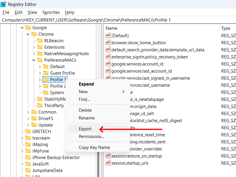 Экспортировать ключ реестра профиля Chrome