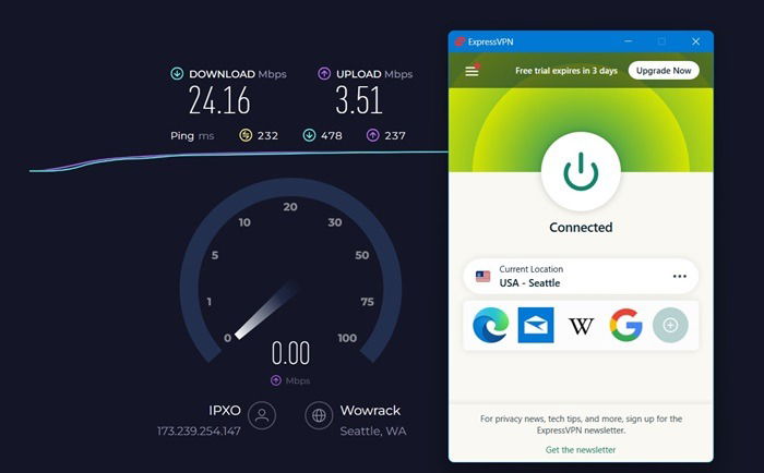 Тест скорости сервера ExpressVPN в США из Азии на веб-сайте Speedtest.