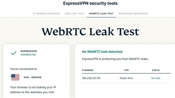 Тест на утечку WebRTC с использованием ExpressVPN гарантирует отсутствие утечки данных через браузер.