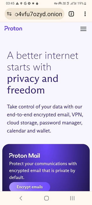 Открытие луковой ссылки Proton в браузере Google Chrome на Android с помощью Orbot.