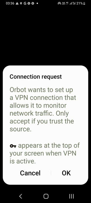 Запрос VPN-подключения приложения Orbot на Android.