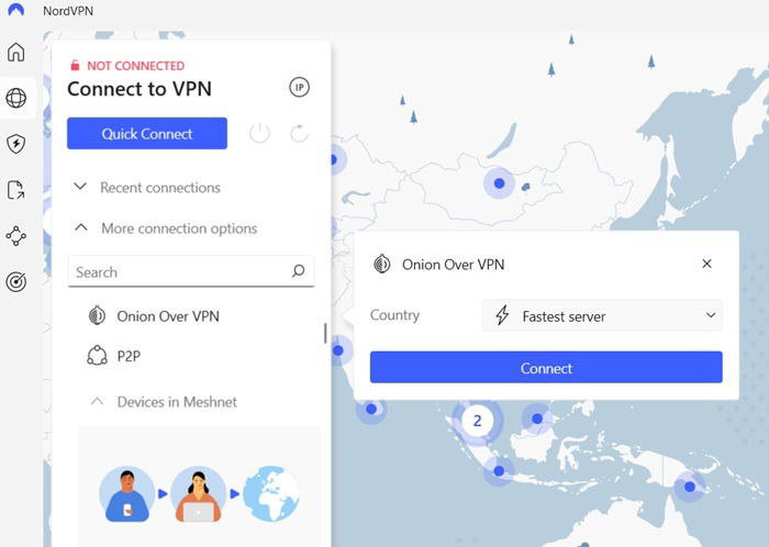 Приложение NordVPN со специальными серверами Onion over VPN, готовыми к подключению.