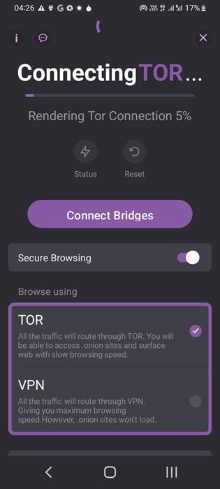 Подключение Tor через приложение Ornet на Android.