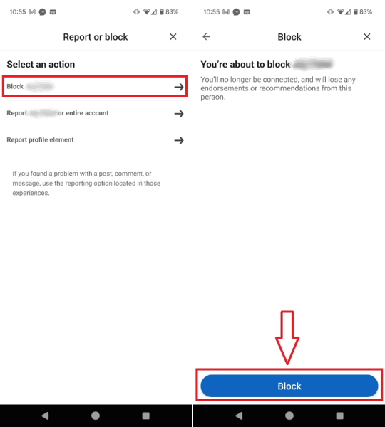 Подтвердите действие «Заблокировать профиль» в мобильном приложении LinkedIn.