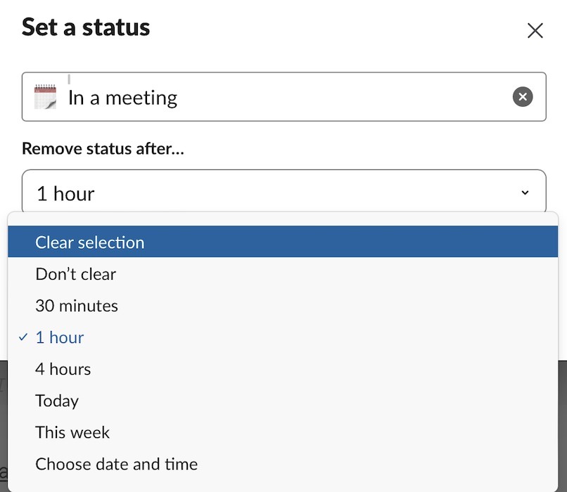 выберите, когда вы хотите, чтобы ваш статус Slack очистился