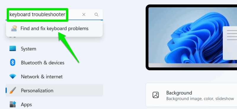 Панель поиска настроек Windows со средством устранения неполадок с клавиатурой