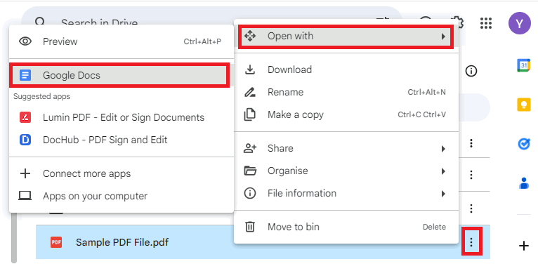 Откройте PDF-файл в режиме «Открыть с помощью Google Docs» на Google Диске.