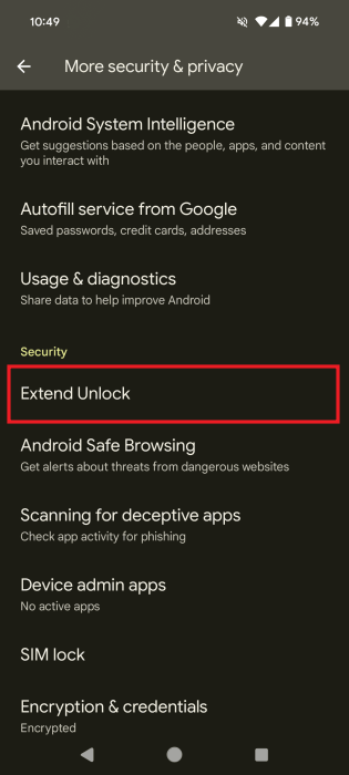 Нажатие на опцию «Расширить разблокировку» в настройках Android.