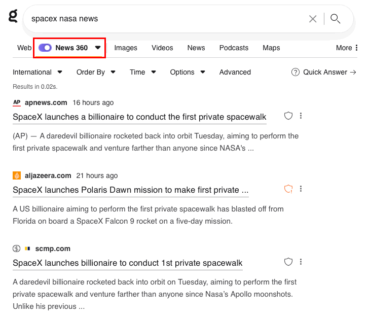 Снимок экрана, показывающий, как фильтр Каги «Новости 360» работает правильно.