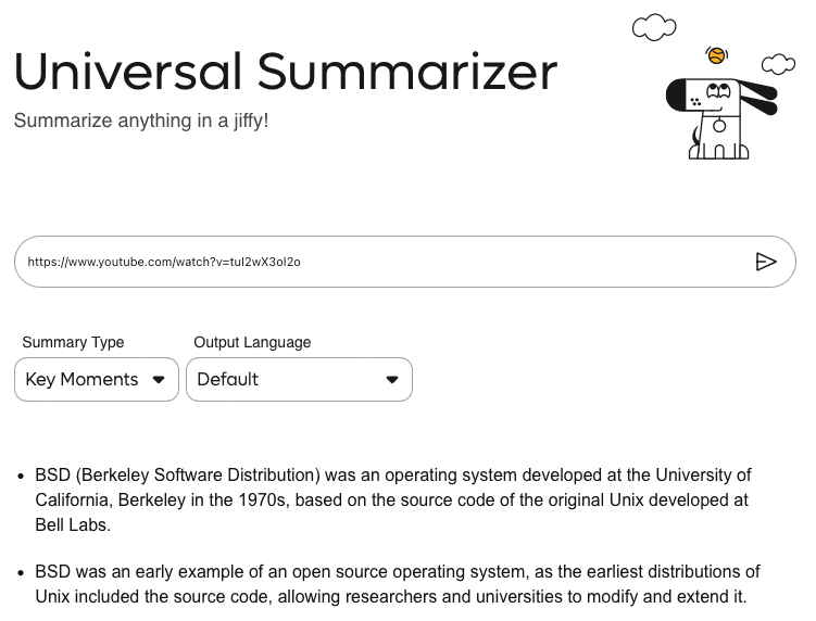 Снимок экрана, показывающий демонстрацию функции Kagi Universal Summarizer.