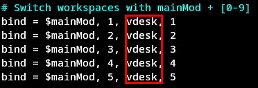 Терминал, выделяющий переменную «vdesk», заменяющую исходную отправку «workspace» в конфигурации Hyprland.
