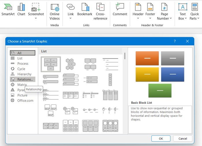 Функция SmartArt, используемая в настольной автономной версии MS Word.