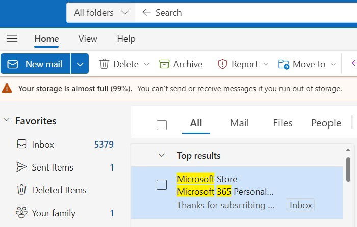 Емкость хранилища электронной почты Outlook почти заполнена, требуется подписка на Microsoft 365.