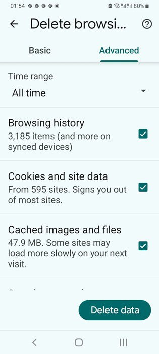 Удаление истории просмотров за все время для приложения Google Chrome на Android.