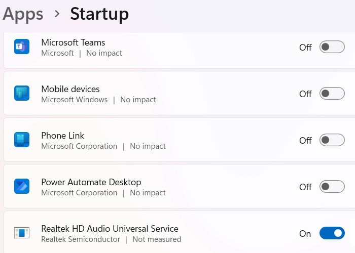 Отключение большинства приложений при запуске, кроме Realtek, в Windows 11.