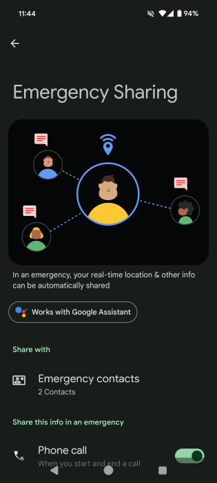 Настройка экстренного обмена для использования с Google Assistant в приложении Android Personal Safety.