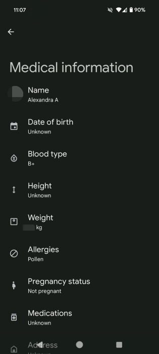 Индивидуальная медицинская информация отображается в приложении Android Personal Safety.