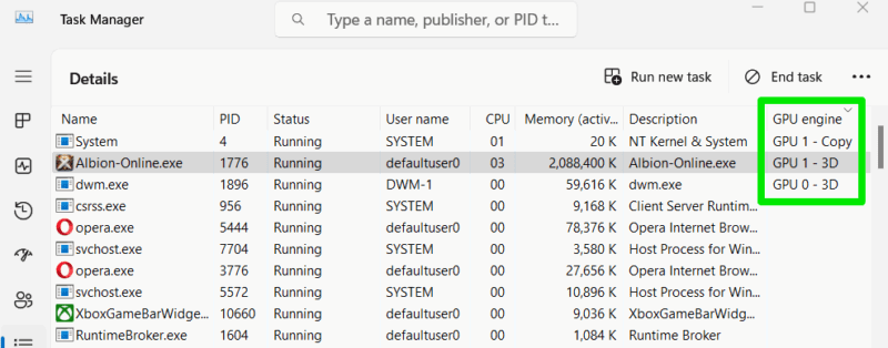 Столбец GPU Engine в диспетчере задач