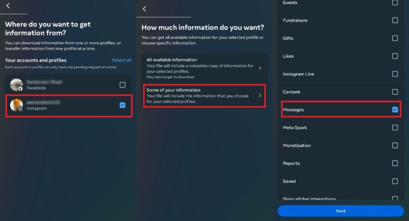 Выбирается учетная запись Instagram и ее сообщения выбираются для загрузки в Центре учетных записей Meta.
