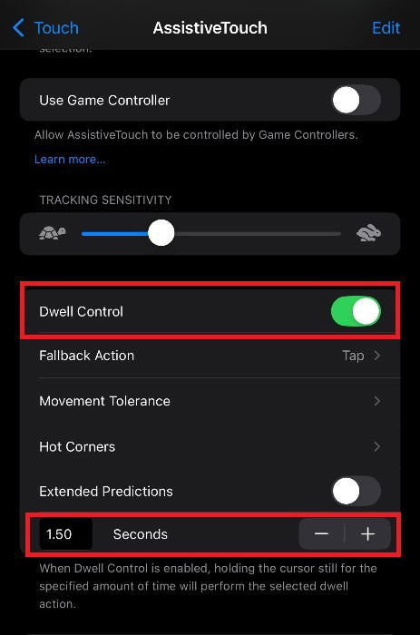 Снимок экрана настроек AssistiveTouch на iPhone с выделением Dwell Control.