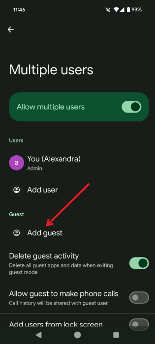 Включите опцию «Разрешить нескольким пользователям» в настройках Android и нажмите «Добавить гостя».