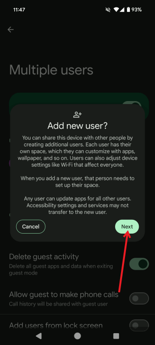 Нажмите «Далее» во всплывающем окне с вопросом, хотите ли вы «Добавить нового пользователя» на Android.