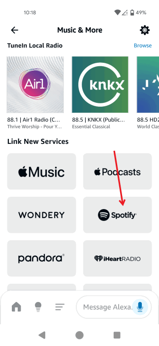 Нажатие на Spotify в разделе «Связать новые сервисы» в приложении Amazon Alexa.