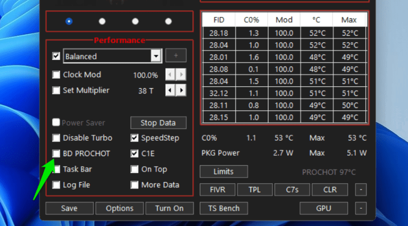 Throttlestop отключить опцию Bd Prochot