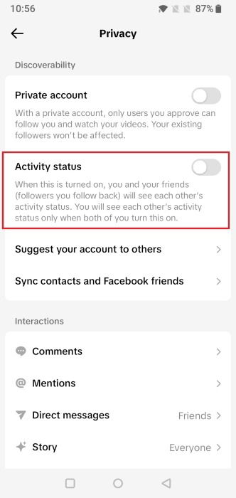 Отключение опции «Статус активности» в приложении TikTok.