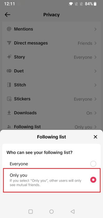 Переключение на опцию «Только вы» для «Списка подписчиков» в приложении TikTok.