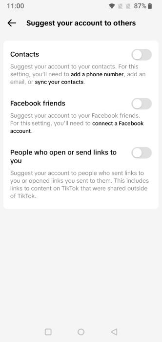 Отключение контактов в разделе «Предлагайте свои учетные записи другим» и другие параметры через приложение TikTok.