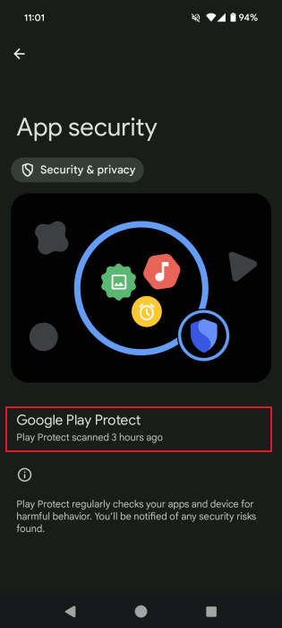 Google Play Protect активен на устройстве Android.