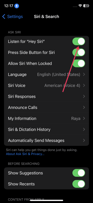 Включение опции «Слушать «Привет, Siri»» в настройках iPhone.