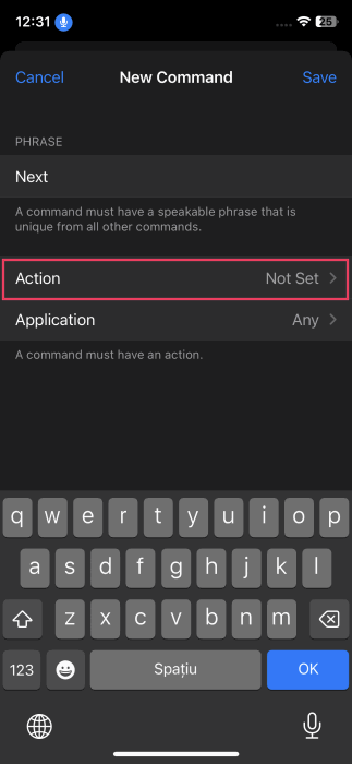 Нажмите «Действие» на экране «Новая команда» в голосовом управлении на iPhone.