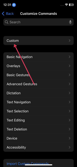 Нажатие на опцию «Пользовательский», чтобы настроить голосовую команду на iPhone.