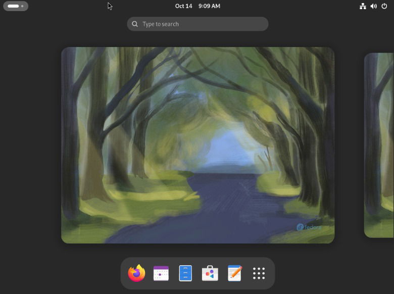 Снимок экрана, показывающий экран рабочего стола по умолчанию для Fedora 40.
